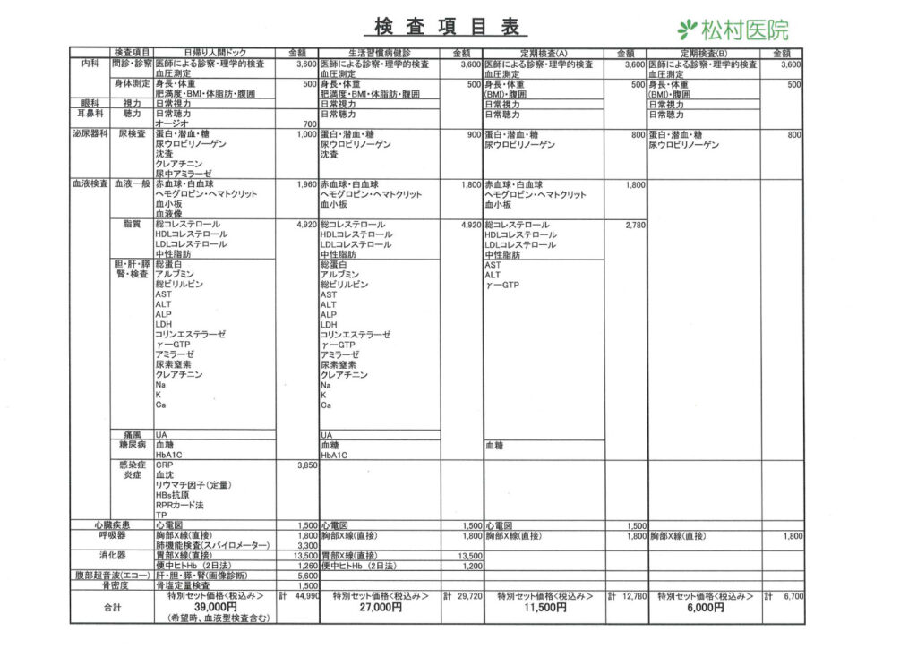 検査項目表 料金表
